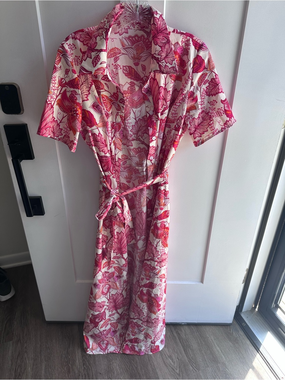 Floral Pink Button-Front Wrap Dress with Belt, never worn.